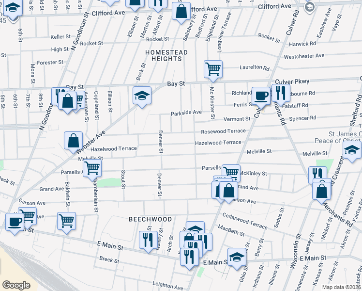 map of restaurants, bars, coffee shops, grocery stores, and more near 342 Melville Street in Rochester