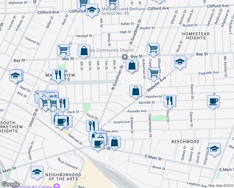 map of restaurants, bars, coffee shops, grocery stores, and more near 27 Diringer Place in Rochester