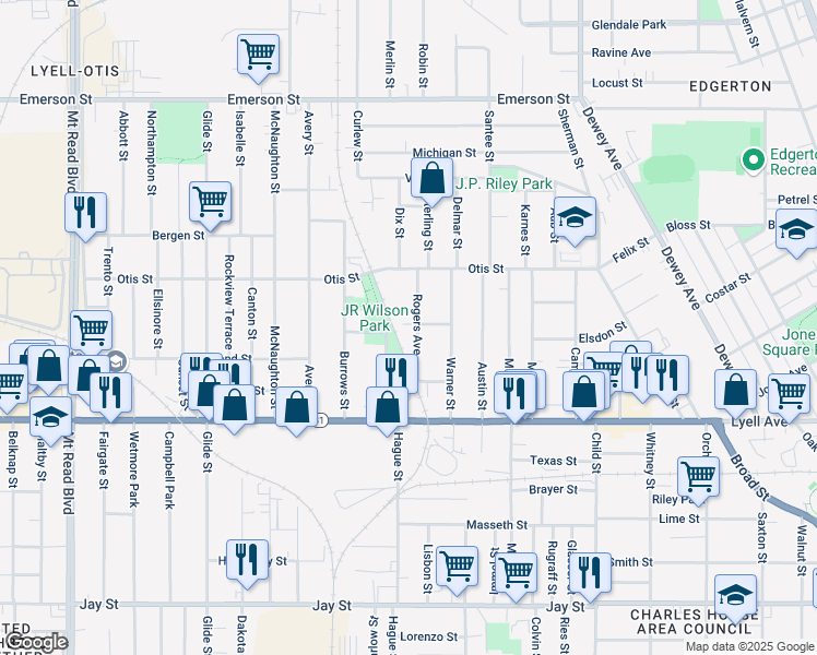 map of restaurants, bars, coffee shops, grocery stores, and more near 21 Rogers Avenue in Rochester