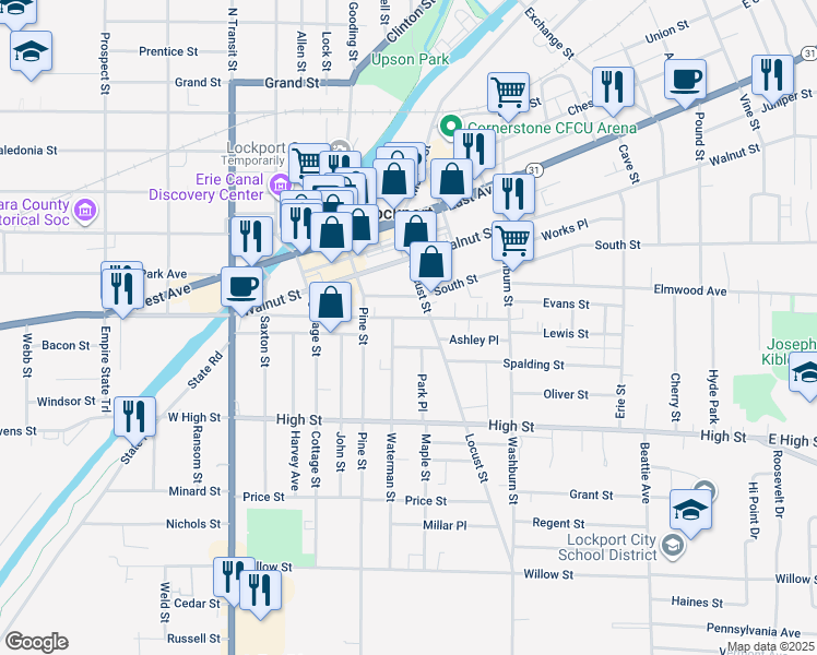 map of restaurants, bars, coffee shops, grocery stores, and more near 35 Orchard Street in Lockport