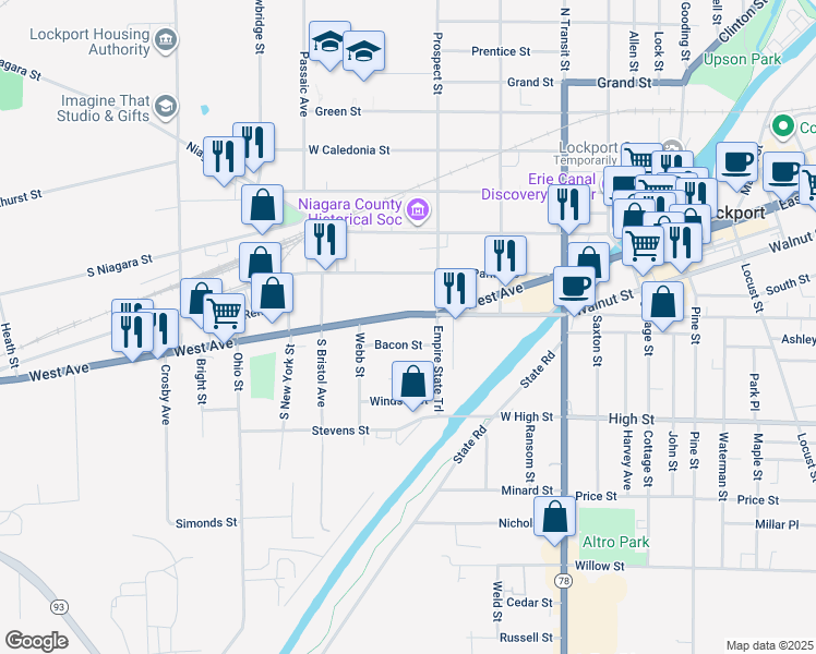 map of restaurants, bars, coffee shops, grocery stores, and more near 40 Bacon Street in Lockport