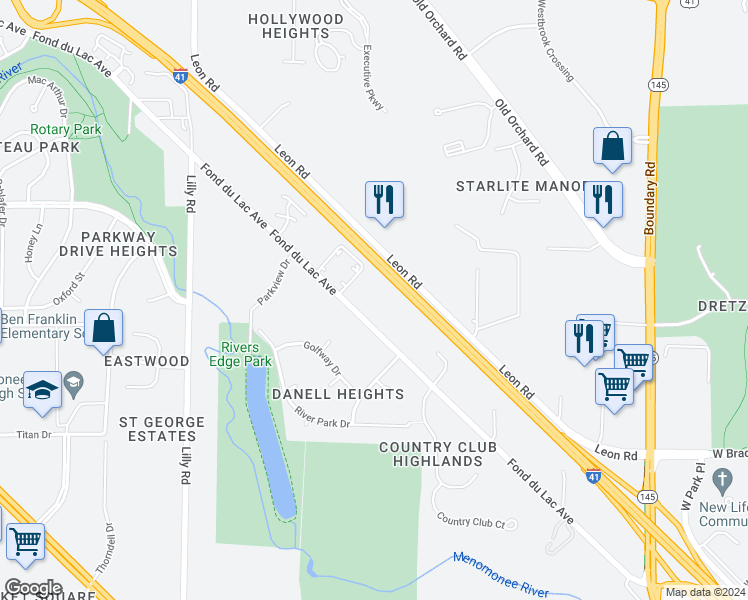 map of restaurants, bars, coffee shops, grocery stores, and more near N82W13360 West Fond Du Lac Avenue in Menomonee Falls