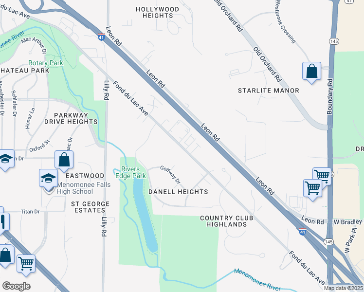map of restaurants, bars, coffee shops, grocery stores, and more near 13485 Fond du Lac Avenue in Menomonee Falls