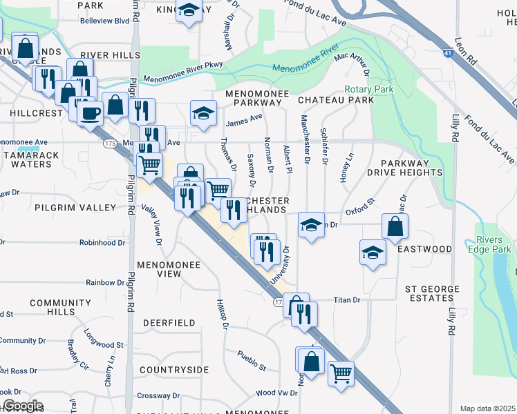 map of restaurants, bars, coffee shops, grocery stores, and more near W150N8213 Norman Drive in Menomonee Falls