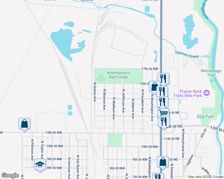 map of restaurants, bars, coffee shops, grocery stores, and more near 1520 North Madison Avenue in Mason City
