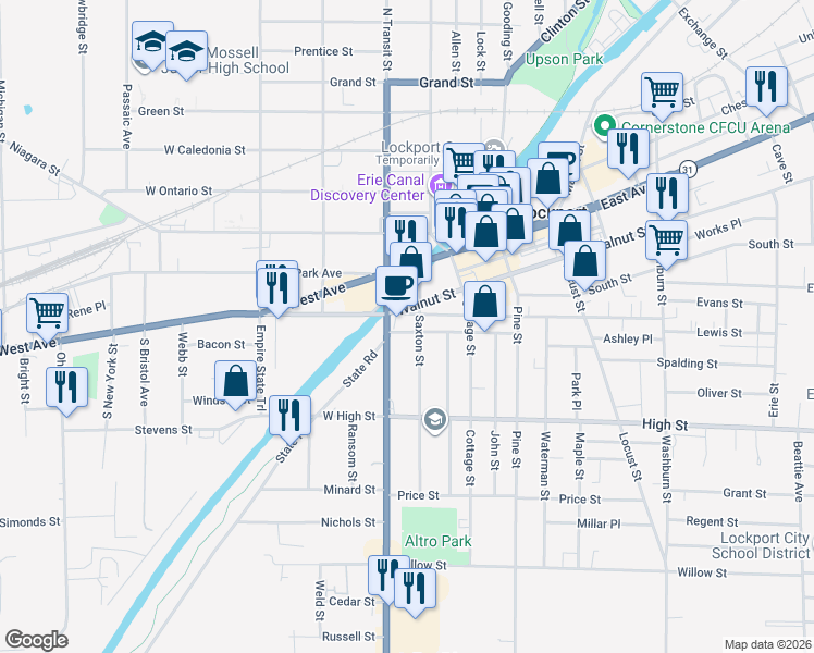 map of restaurants, bars, coffee shops, grocery stores, and more near 18 South Transit Street in Lockport