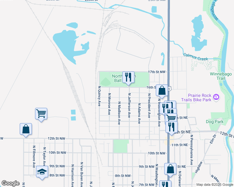map of restaurants, bars, coffee shops, grocery stores, and more near 1520 North Madison Avenue in Mason City