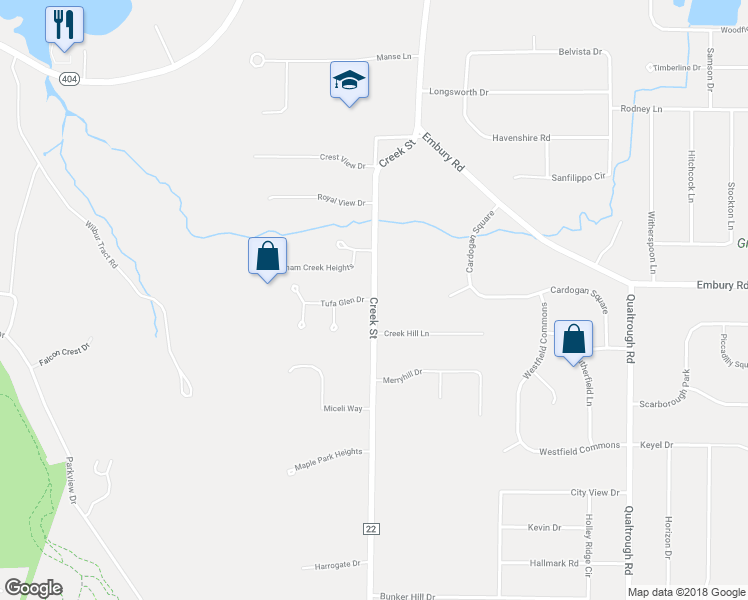 map of restaurants, bars, coffee shops, grocery stores, and more near Creek Street in Rochester