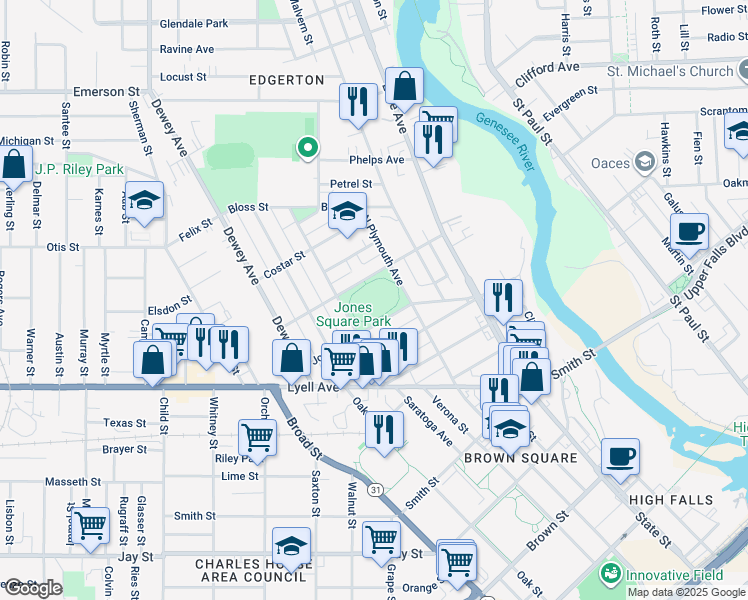 map of restaurants, bars, coffee shops, grocery stores, and more near 130 Saratoga Avenue in Rochester
