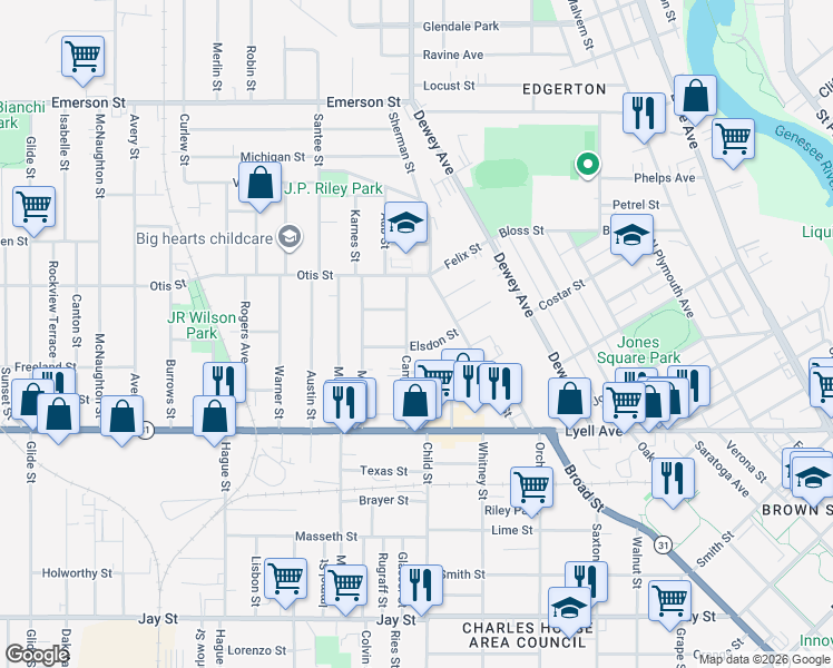 map of restaurants, bars, coffee shops, grocery stores, and more near 115 Cameron Street in Rochester