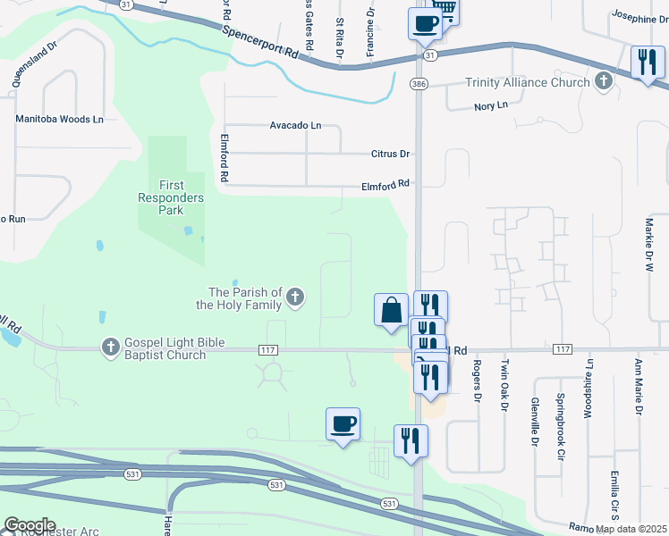 map of restaurants, bars, coffee shops, grocery stores, and more near 3990 Lyell Road in Rochester