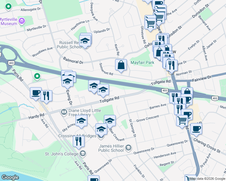 map of restaurants, bars, coffee shops, grocery stores, and more near 86 Tollgate Road in Brantford