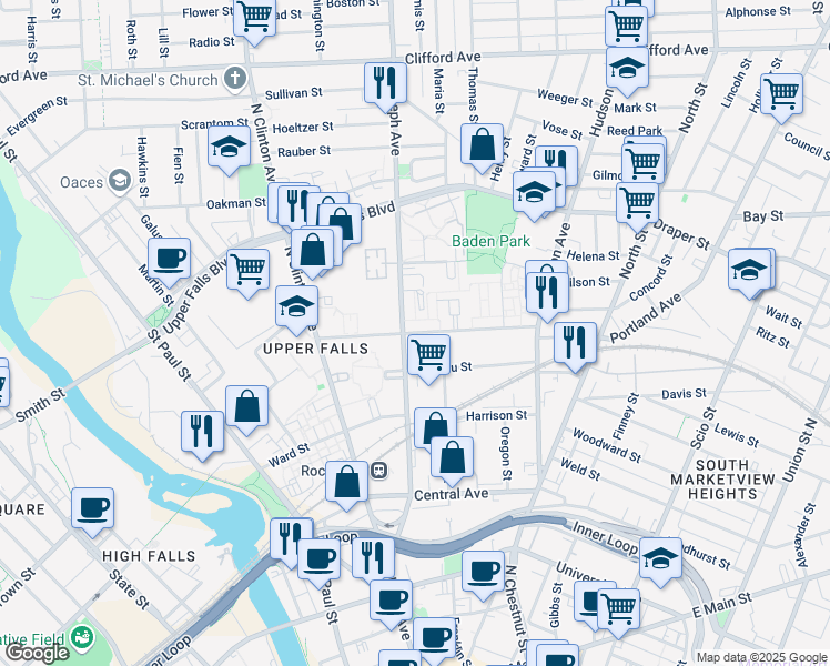map of restaurants, bars, coffee shops, grocery stores, and more near Kelly Street in Rochester