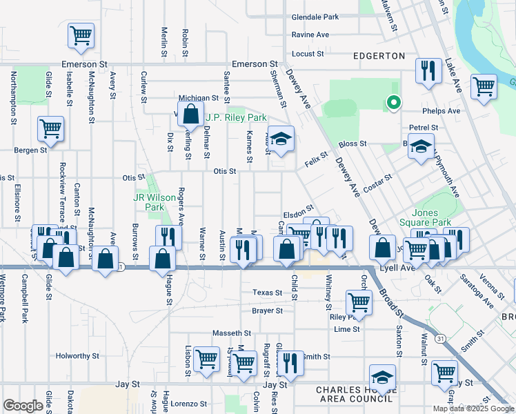 map of restaurants, bars, coffee shops, grocery stores, and more near 128 Myrtle Street in Rochester