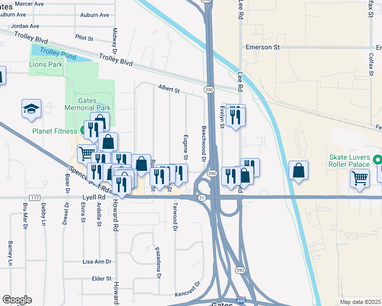map of restaurants, bars, coffee shops, grocery stores, and more near 200 Eugene Street in Rochester