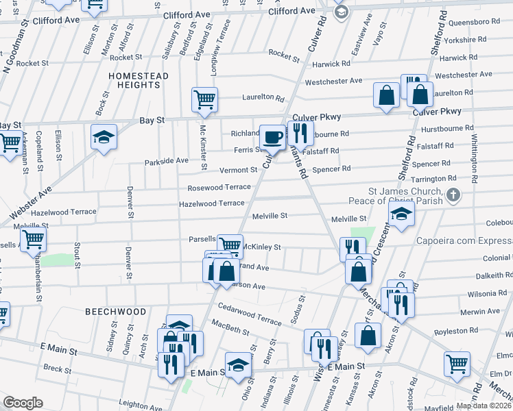 map of restaurants, bars, coffee shops, grocery stores, and more near 1188 Culver Road in Rochester