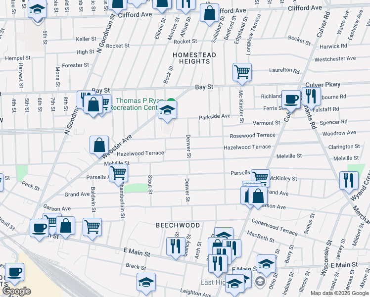 map of restaurants, bars, coffee shops, grocery stores, and more near 290 Melville Street in Rochester