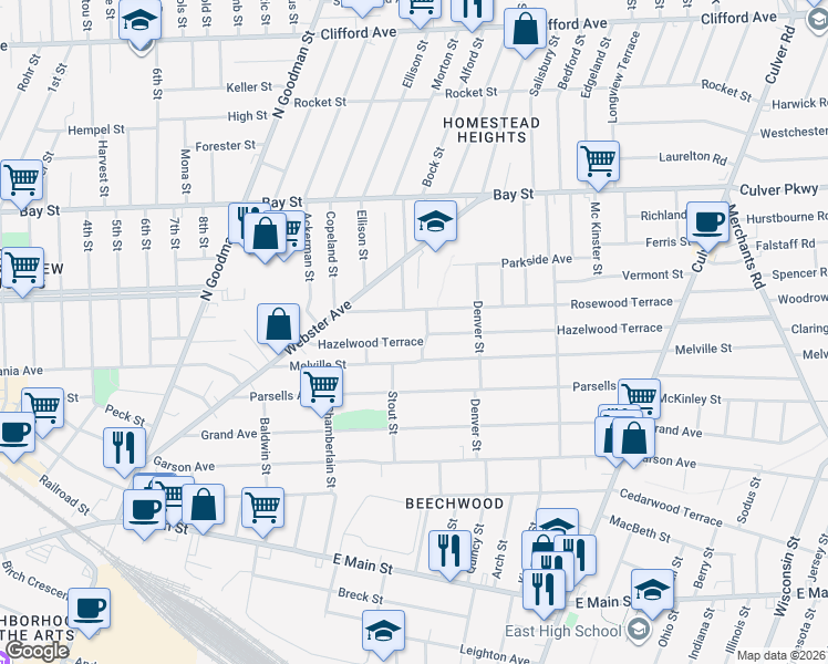 map of restaurants, bars, coffee shops, grocery stores, and more near 141 Hazelwood Terrace in Rochester