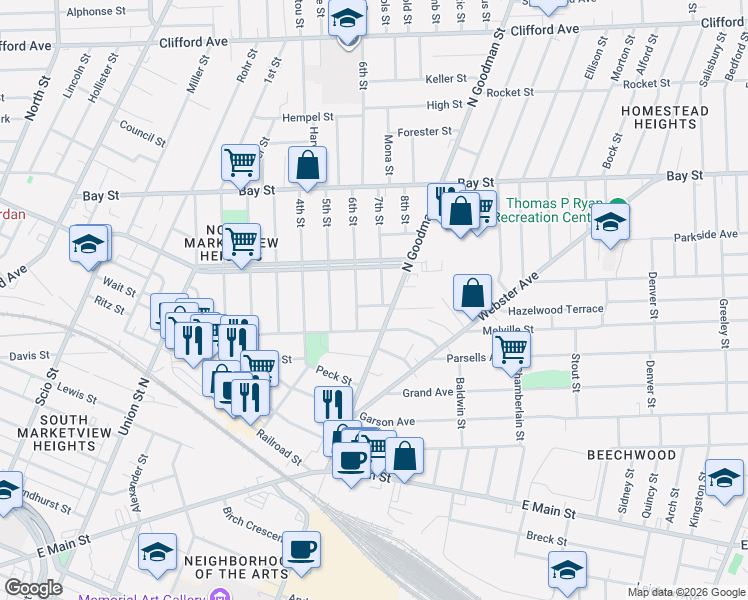 map of restaurants, bars, coffee shops, grocery stores, and more near 29 Short Street in Rochester