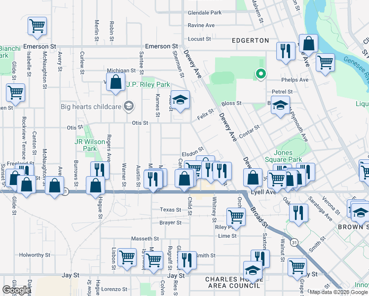 map of restaurants, bars, coffee shops, grocery stores, and more near 115 Cameron Street in Rochester