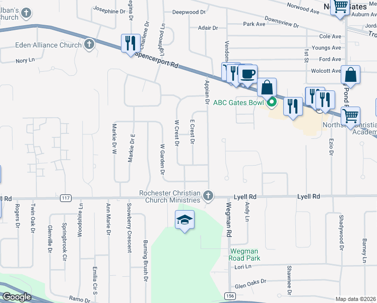 map of restaurants, bars, coffee shops, grocery stores, and more near 5 East Crest Drive in Rochester