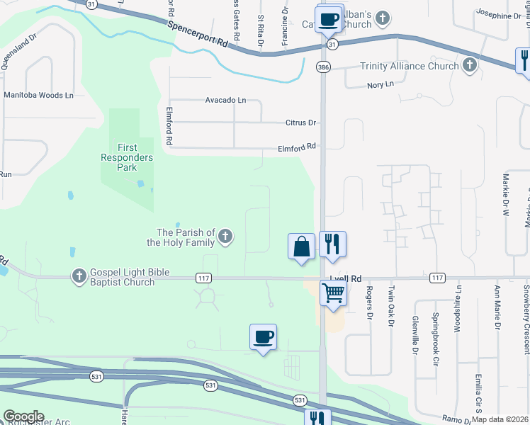 map of restaurants, bars, coffee shops, grocery stores, and more near 3990 Lyell Road in Rochester