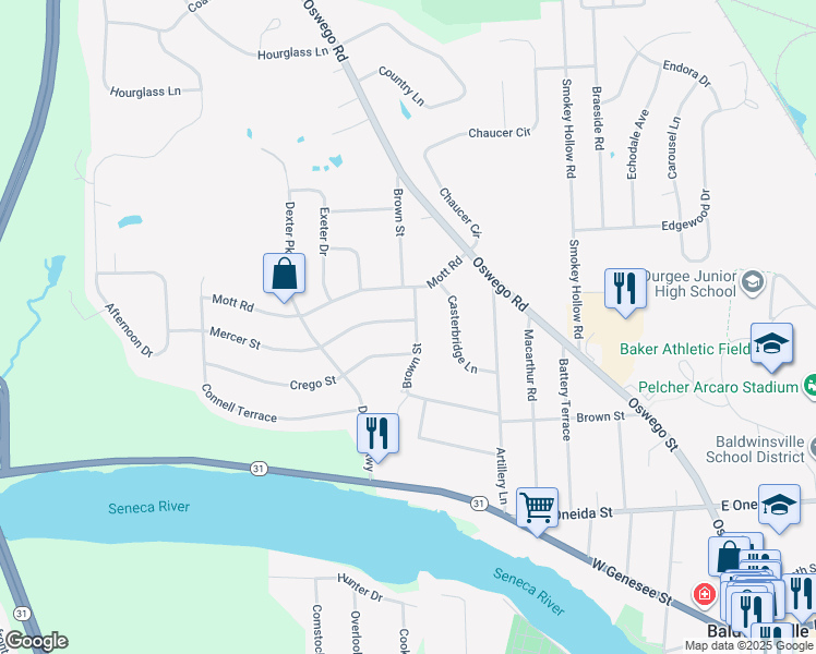 map of restaurants, bars, coffee shops, grocery stores, and more near 1 Mercer Street in Baldwinsville