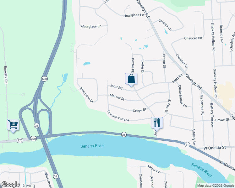 map of restaurants, bars, coffee shops, grocery stores, and more near 2200 Mercer Street in Baldwinsville