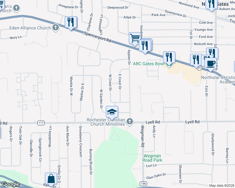 map of restaurants, bars, coffee shops, grocery stores, and more near 5 East Crest Drive in Rochester