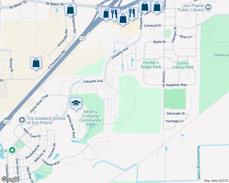 map of restaurants, bars, coffee shops, grocery stores, and more near 1819 Summerfield Way in Sun Prairie