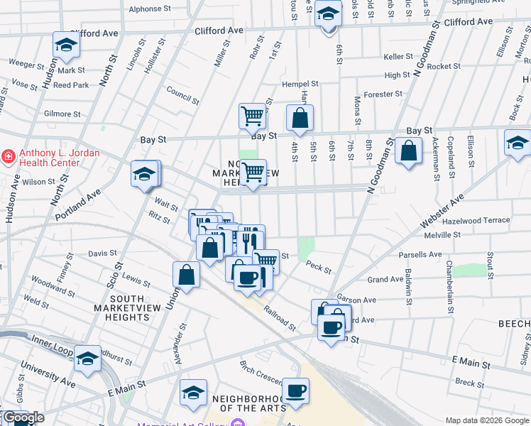 map of restaurants, bars, coffee shops, grocery stores, and more near 27 3rd Street in Rochester