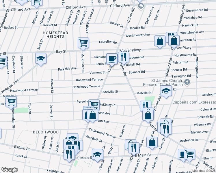 map of restaurants, bars, coffee shops, grocery stores, and more near 1188 Culver Road in Rochester