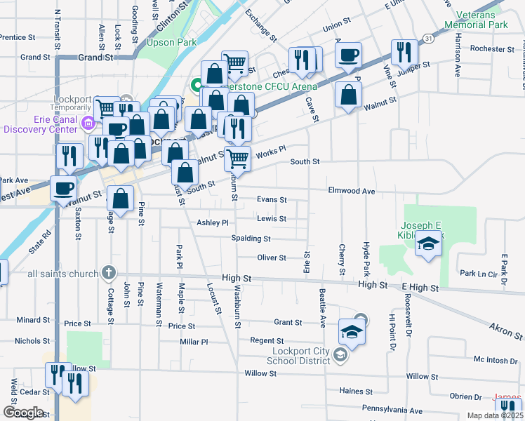 map of restaurants, bars, coffee shops, grocery stores, and more near 50 Lewis Street in Lockport