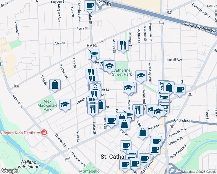 map of restaurants, bars, coffee shops, grocery stores, and more near in St. Catharines