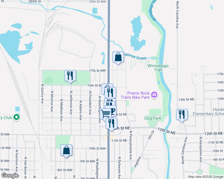 map of restaurants, bars, coffee shops, grocery stores, and more near 1527 North Federal Avenue in Mason City