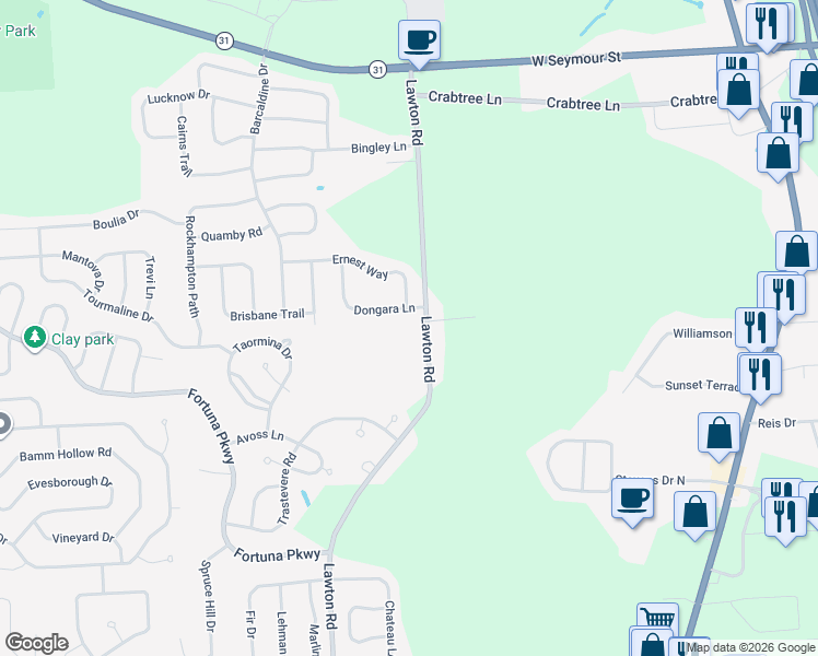 map of restaurants, bars, coffee shops, grocery stores, and more near 8185 Lawton Road in Clay