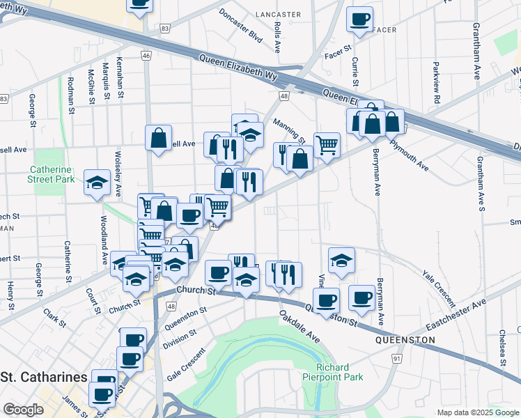 map of restaurants, bars, coffee shops, grocery stores, and more near 72 Page Street in Saint Catharines