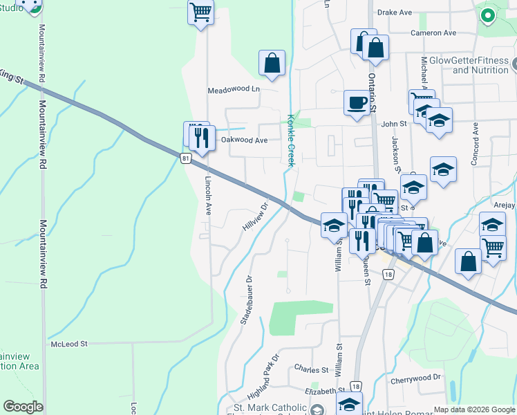 map of restaurants, bars, coffee shops, grocery stores, and more near 4390 Hillview Drive in Lincoln