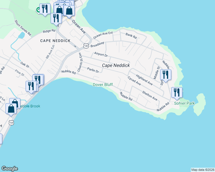 map of restaurants, bars, coffee shops, grocery stores, and more near 83 Nubble Road in York