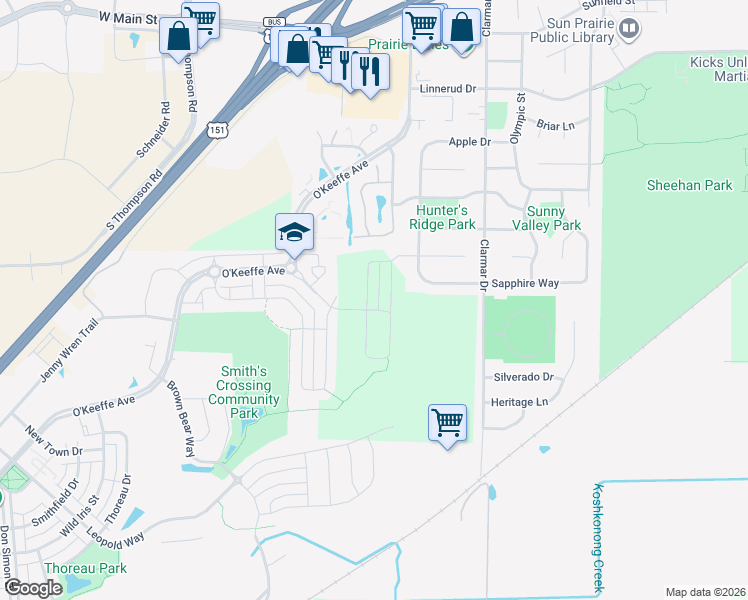 map of restaurants, bars, coffee shops, grocery stores, and more near 1819 Summerfield Way in Sun Prairie