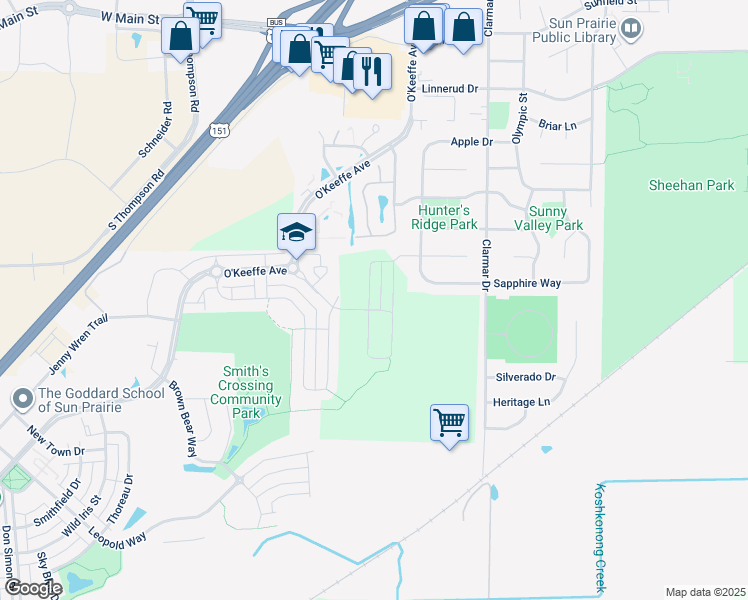 map of restaurants, bars, coffee shops, grocery stores, and more near Oak Street in Sun Prairie