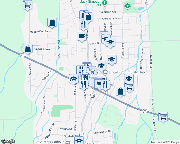 map of restaurants, bars, coffee shops, grocery stores, and more near 4321 Ontario Street in Lincoln