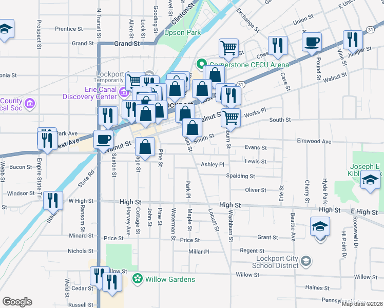 map of restaurants, bars, coffee shops, grocery stores, and more near Locust Street & Genesee Street in Lockport