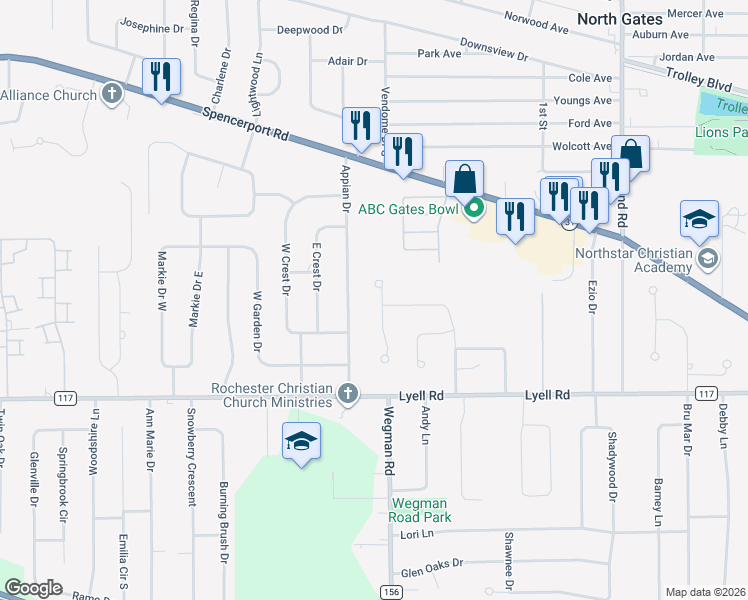map of restaurants, bars, coffee shops, grocery stores, and more near 43 Winter Hazel Court in Rochester