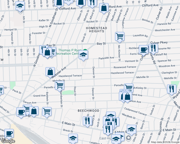 map of restaurants, bars, coffee shops, grocery stores, and more near 290 Melville Street in Rochester
