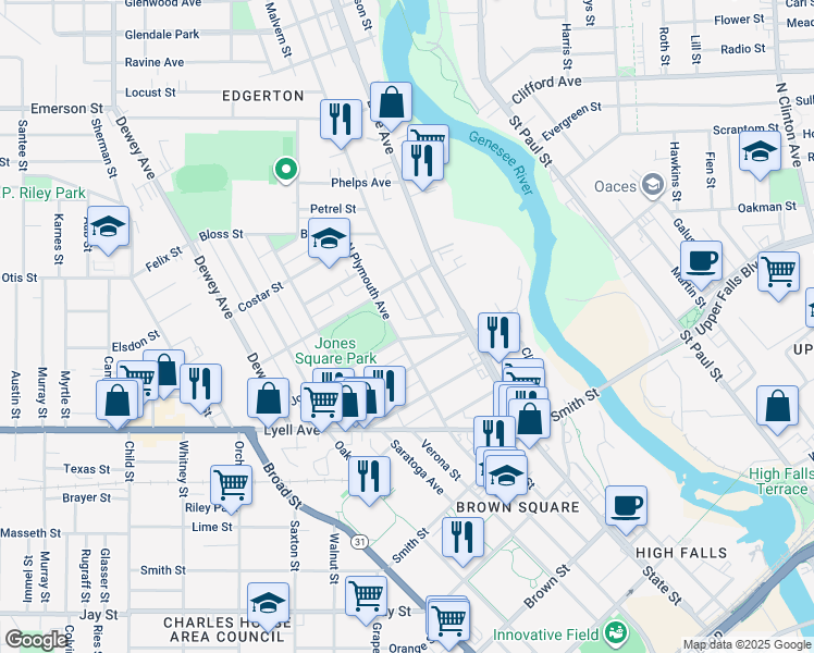 map of restaurants, bars, coffee shops, grocery stores, and more near 31 Jones Avenue in Rochester