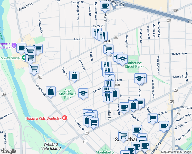 map of restaurants, bars, coffee shops, grocery stores, and more near in St. Catharines
