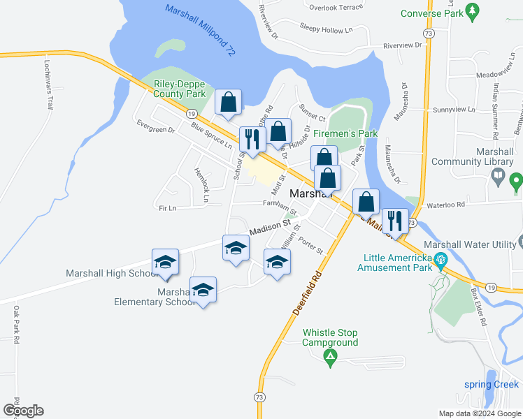 map of restaurants, bars, coffee shops, grocery stores, and more near 402 Madison Street in Marshall