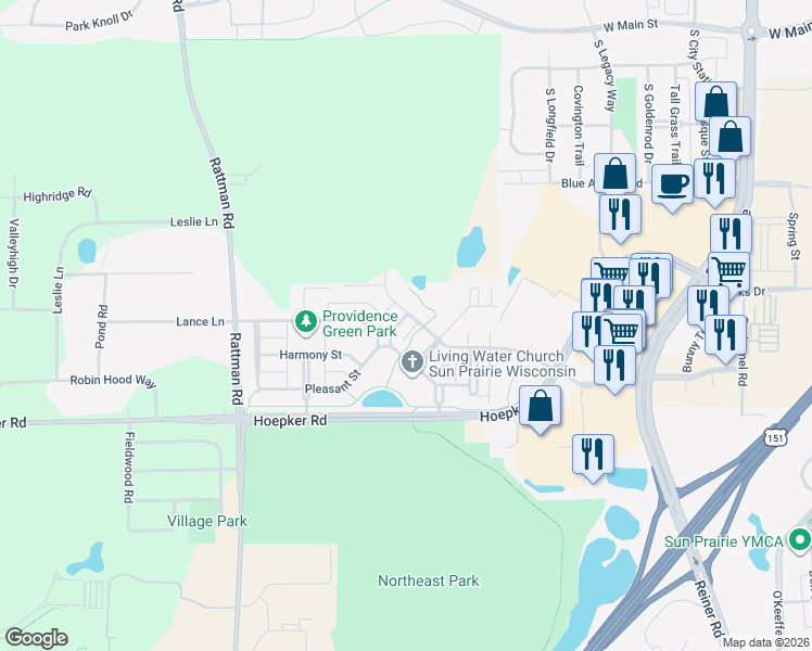 map of restaurants, bars, coffee shops, grocery stores, and more near 3094 Prospect Drive in Sun Prairie