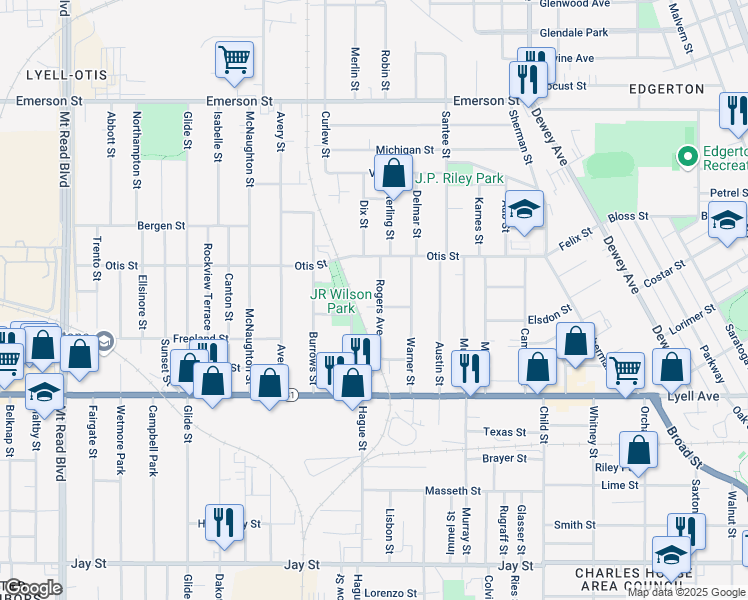 map of restaurants, bars, coffee shops, grocery stores, and more near 33 Rogers Avenue in Rochester